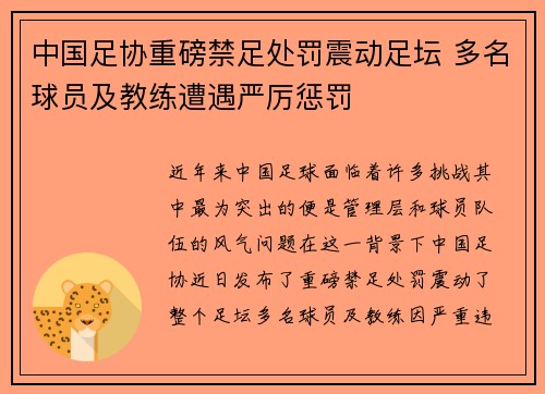 中国足协重磅禁足处罚震动足坛 多名球员及教练遭遇严厉惩罚