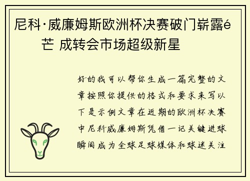 尼科·威廉姆斯欧洲杯决赛破门崭露锋芒 成转会市场超级新星 尼科·威廉姆斯欧洲杯决赛破门崭露锋芒 成转会市场超级新星