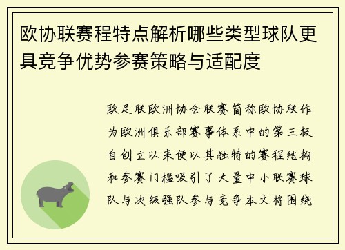 欧协联赛程特点解析哪些类型球队更具竞争优势参赛策略与适配度